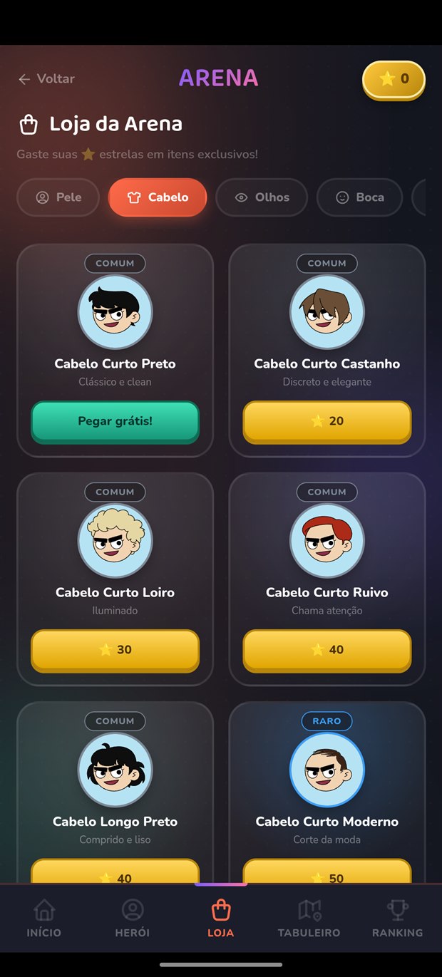 Loja da Arena com opções de cabelo para personalizar o avatar