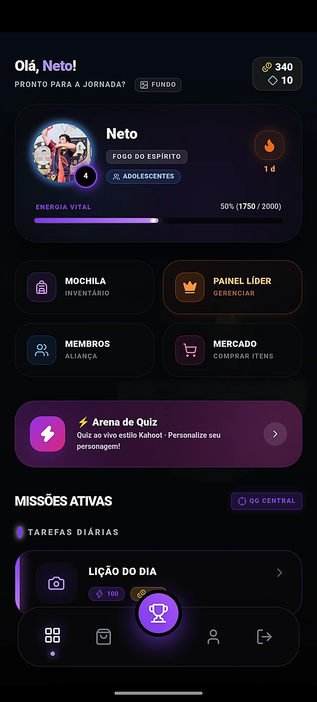 Tela inicial do Discípulos App, com energia vital, missões diárias e arena de quiz